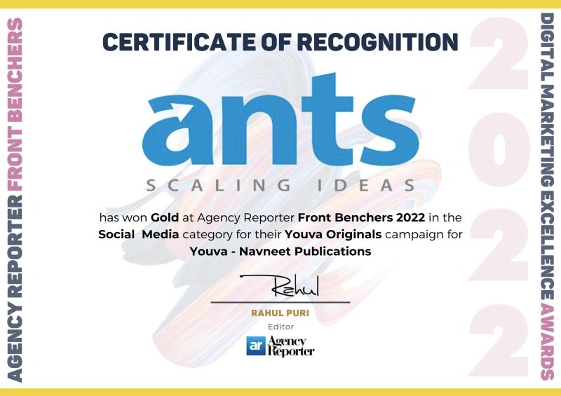 ANTS Digital has won Gold at Agency Reporter's Front Benchers 2022 in social media category  for thier Youva Originals Campaigns